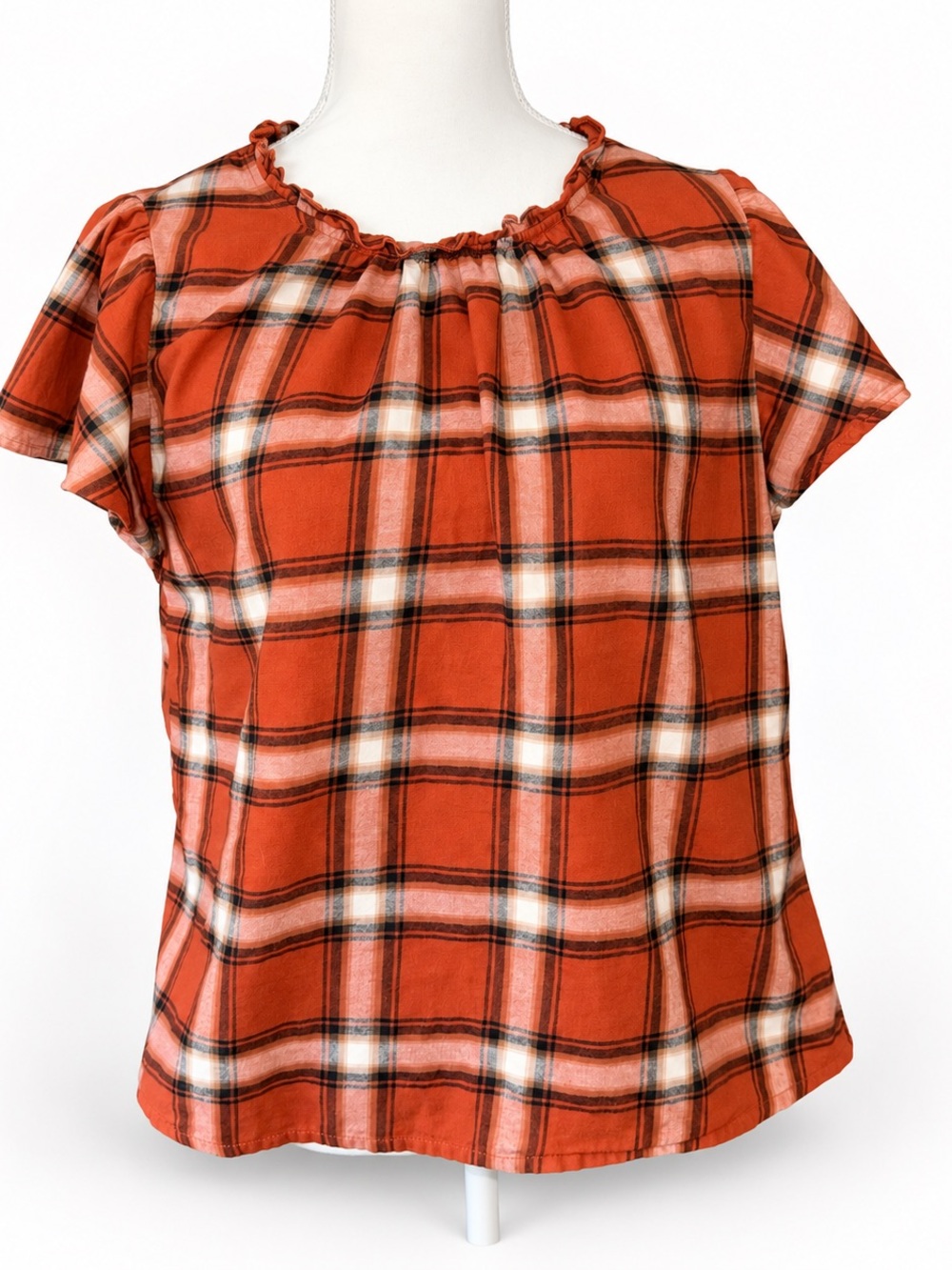 Time and Tru Rust Plaid Flutter Sleeve Cotton Top Small